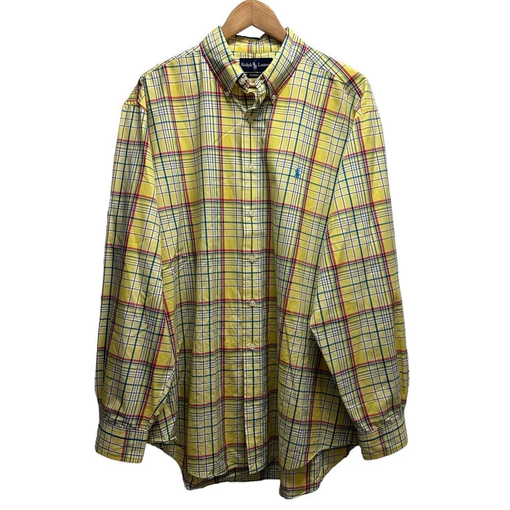 Ralph Lauren Mens Sz XL Classic Fit Button Down Shirt Yellow Plaid Pony Logo euc